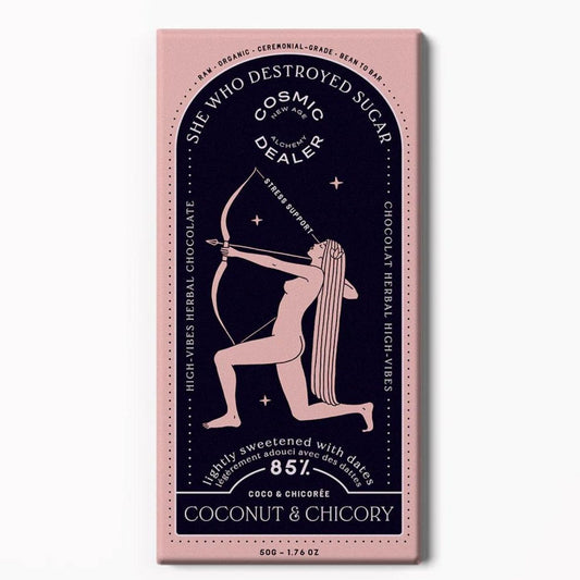 85% Juodasis Šokoladas Cosmic Dealer – COCONUT & CHICORY, 50g